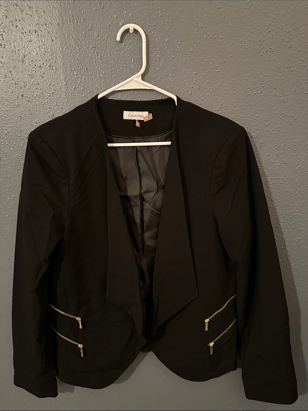 Calvin Klein Black Open-Front Blazer with Gold Zipper Accents